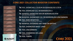 The Core Set 2021 - Collector Booster Pack from Magic: The Gathering reveals the types and quantities of cards, featuring a mix of premium foils, foil showcase, borderless, rare/mythic, and common/uncommon cards. The packaging displays the Magic: The Gathering logo against an earthy, cosmic background theme.