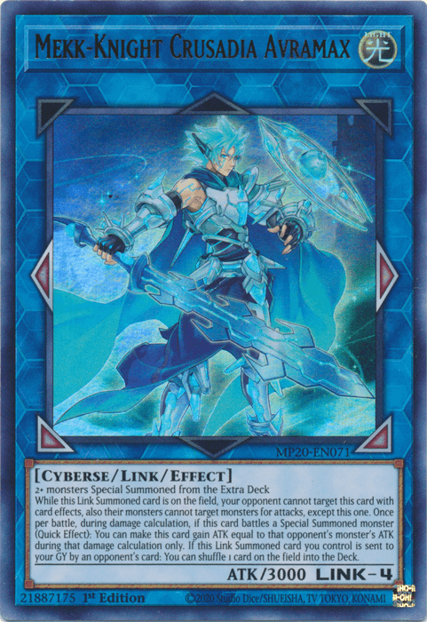 The image features the Ultra Rare Yu-Gi-Oh! trading card "Mekk-Knight Crusadia Avramax [MP20-EN071]" from the 2020 Tin of Lost Memories. The card illustrates a blue-armored warrior holding a glowing sword, surrounded by an ethereal blue aura. It has an ATK of 3000 and is a LINK-4 Link/Effect Monster.