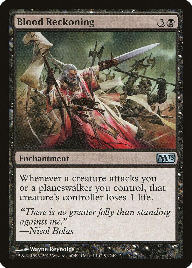 A Blood Reckoning [Magic 2013] Magic: The Gathering card, featuring a painting by Wayne Reynolds of a bearded warrior surrounded by impaled, skeletal soldiers. This enchantment, costing 3 and a black mana, reads: 