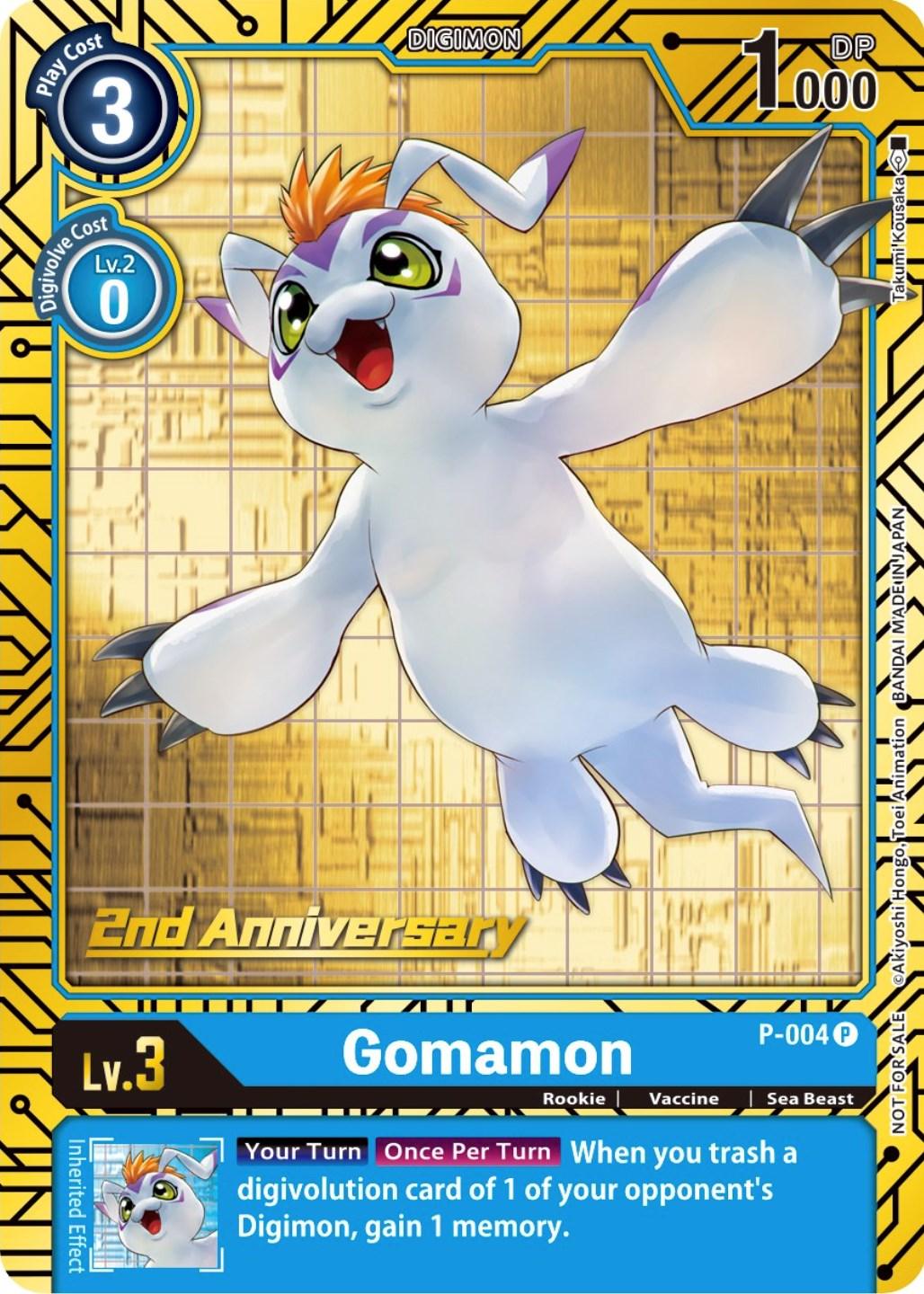 Promotional Digimon card featuring Gomamon, a white, baby seal-like creature with purple spots, orange hair, and fin-like arms. The card has 