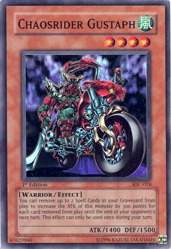 A Yu-Gi-Oh! trading card featuring Chaosrider Gustaph [IOC-018] Super Rare, an Effect Monster with 1400 attack and 1500 defense points. This Super Rare card displays a warrior in armor riding a futuristic red motorcycle against a dark, cosmic background. The card text details its special effect and summoning requirements from the Invasion of Chaos set.