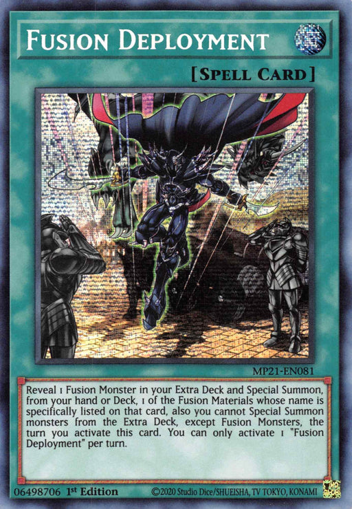 Yu-Gi-Oh! card titled "Fusion Deployment [MP21-EN081] Prismatic Secret Rare". The illustration shows a knight in dark armor, wielding a large sword and casting a powerful spell under a dark sky with lightning. Surrounding him are abstract, mystical symbols. The card text details its effect for Fusion Summoning Fusion Monsters.