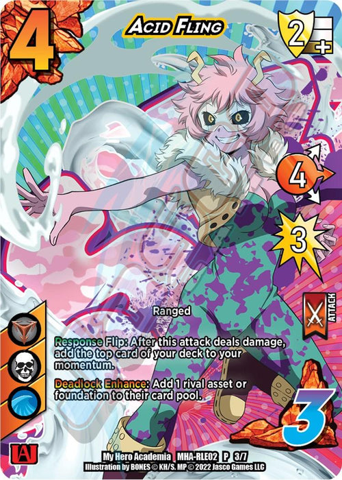 A brightly colored trading card featuring a "My Hero Academia" character wielding energy-like whips. The promo card, titled "Acid Fling [Crimson Rampage Promos]," boasts attack stats: 4 difficulty, 2 speed, 4 damage, and 3 check. Icons on the left indicate special abilities, with descriptive text detailing its ranged effects. This card is part of the UniVersus brand.