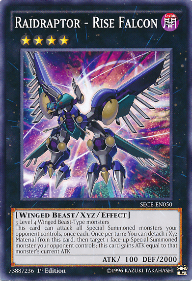 The Yu-Gi-Oh! card named "Raidraptor - Rise Falcon [SECE-EN050] Common" features a bird-like robotic creature of the Winged Beast-Type, characterized by its glowing red eyes. This impressive Level 4 DARK Xyz/Effect Monster has an attack power of 100 and a defense strength of 2000. It is encased in a purple border and can be Special Summoned due to its unique abilities.