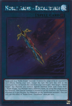 The image shows the "Noble Arms - Excaliburn [NKRT-EN023] Platinum Rare" Equip Spell Card from the Yu-Gi-Oh! trading card game. The artwork features a glowing sword with runes, emerging from flames. With blue borders indicating its spell card type, it synergizes perfectly with the Noble Knights of the Round Table.
