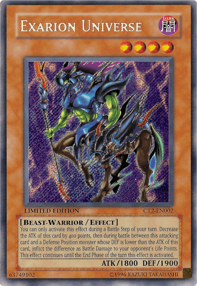 A Yu-Gi-Oh! card named "Exarion Universe [CT2-EN002] Secret Rare," depicting a muscular blue and black armored beast-warrior holding a spear. This Secret Rare Effect Monster has 1800 attack and 1900 defense points. Labeled as CT2-EN002, it comes from the 2005 Collectors Tin as a limited edition card.
