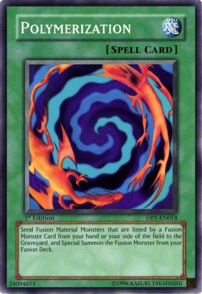 A Yu-Gi-Oh! trading card titled "Polymerization [DP1-EN014] Common" with a blue border and spell card icon. The card image shows a swirling vortex of purple, blue, and red colors. The description reads, "Send Fusion Material Monsters to the Graveyard and Special Summon the Fusion Monster." This iconic card often appears in Jaden Yuki's Duelist Pack. Card ID: 
Brand Name: Yu-Gi-Oh!