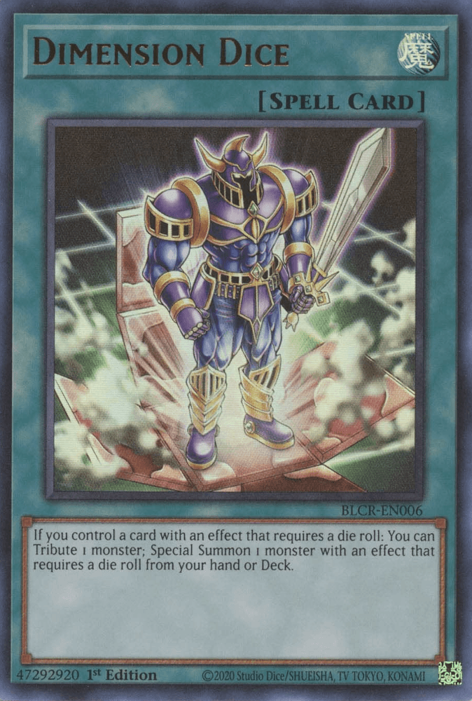 The Yu-Gi-Oh! Ultra Rare card "Dimension Dice [BLCR-EN006]" from the Battles of Legend: Crystal Revenge set features a heroic knight in purple and gold armor wielding a large sword, standing before a spatial portal emitting green energy. The effect text of the card is displayed beneath the image.