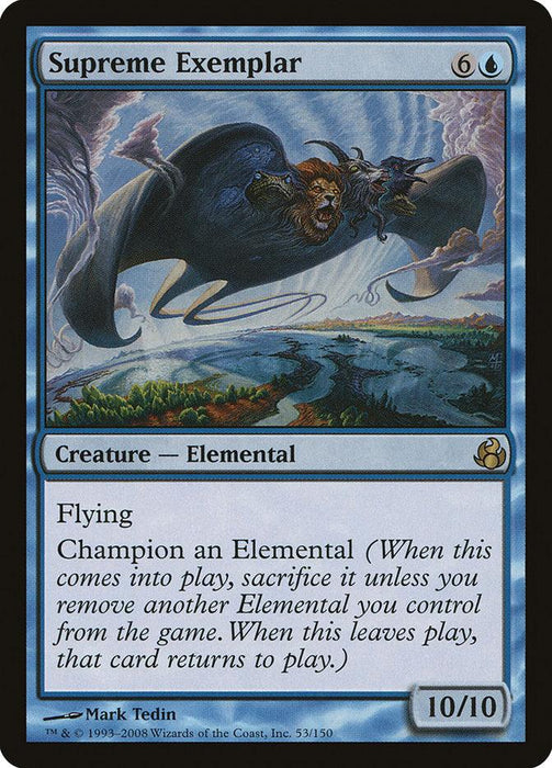 Magic: The Gathering card titled "Supreme Exemplar [Morningtide]." A rare creature with a blue border, its illustration features a large, winged elemental flying above a winding river. The text box reads: "Flying. Champion an Elemental. (When this comes into play, sacrifice it unless you remove another Elemental you control from the game. When this leaves play, that card returns to play.)