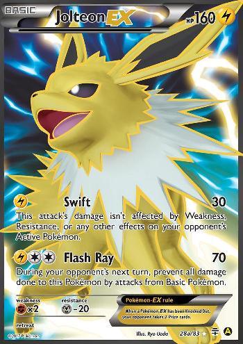 A Pokémon trading card from the XY: Generations series, featuring Jolteon EX (28a/83) (Alternate Art Promo) [XY: Generations]. Jolteon is depicted mid-roar with electric sparks around it. Key stats include 160 HP and attacks named Swift (30 damage) and Flash Ray (70 damage). The card is labeled 28a/83 and features illustrator Ryo Ueda's name at the bottom.