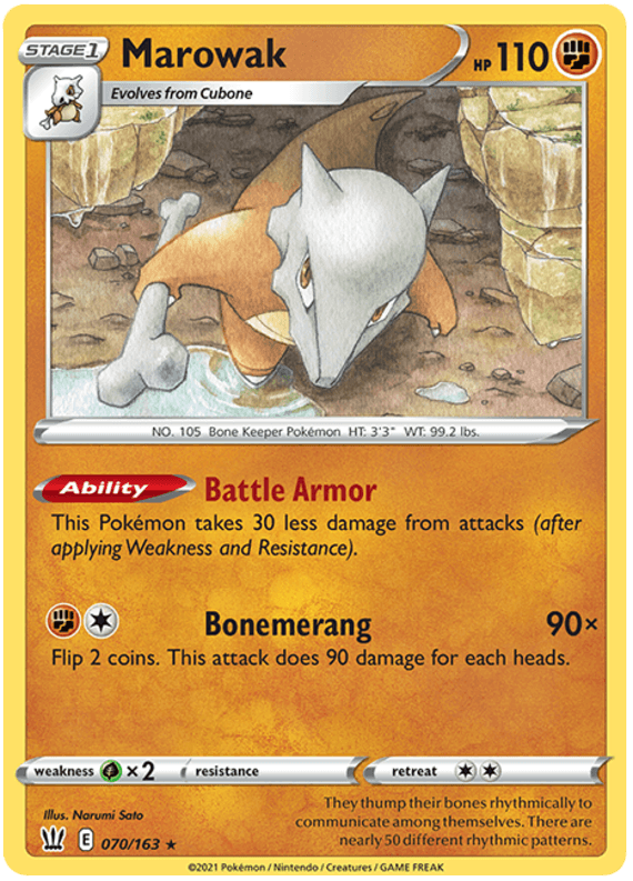 A Pokémon trading card from the Sword & Shield: Battle Styles series featuring Marowak (070/163) [Sword & Shield: Battle Styles] by Pokémon. Marowak is depicted leaping with its bone club. The card is labeled 