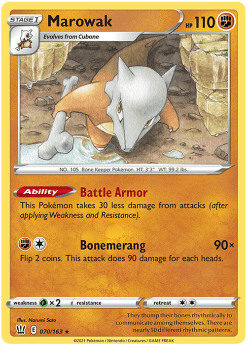 A Pokémon trading card from the Sword & Shield: Battle Styles series featuring Marowak (070/163) [Sword & Shield: Battle Styles] by Pokémon. Marowak is depicted leaping with its bone club. The card is labeled "Marowak" with 110 HP, boasting the ability "Battle Armor" and the "Bonemerang" attack, dealing 90 damage per heads from flipping 2 coins. Weakness, resistance, and retreat info are at the