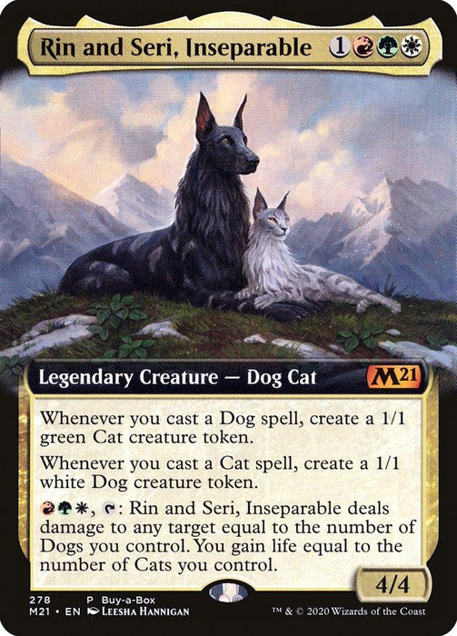 A Magic: The Gathering card titled "Rin and Seri, Inseparable (Buy-A-Box) [Core Set 2021]." It depicts a black dog and a white cat sitting close together. The card has a gold border and detailed abilities text. This Mythic Legendary Creature - Dog Cat has a power/toughness of 4/4 and is part of Core Set 2021 (M21).