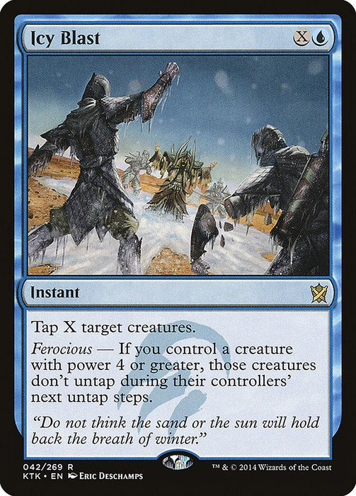 A Magic: The Gathering card titled "Icy Blast [Khans of Tarkir]," from the Khans of Tarkir set. The card is blue and classified as an instant. The illustration shows two warriors frozen in ice on a snow-covered battlefield. Its text details the card's abilities, highlighting its power to tap target creatures.