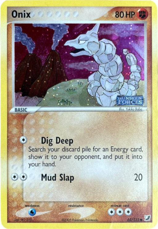 A common Pokémon trading card from the Unseen Forces series features Onix with 80 HP. This fighting-type card showcases Onix, depicted as a large rock snake, against a mountainous background with a dark starry sky. It has two attack moves: "Dig Deep" and "Mud Slap." The **Pokémon** product is named **Onix (65/115) (Stamped) [EX: Unseen Forces]**, and illustrated by Yuka Morii.