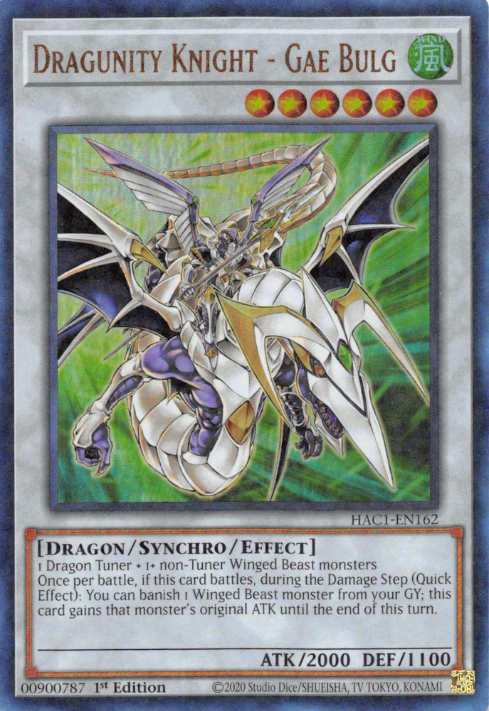 A trading card featuring "Dragunity Knight - Gae Bulg (Duel Terminal) [HAC1-EN162] Parallel Rare," a Synchro/Effect Monster from Hidden Arsenal Chapter 1. The dragon-like creature is armored, with large wings and a white lance. This Dragon/Synchro/Effect type card has 2000 ATK, 1100 DEF, and details its special abilities below the image by Yu-Gi-Oh!