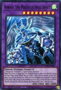 A Yu-Gi-Oh! trading card titled "Aiwass, the Magistus Spell Spirit [GEIM-EN005] Super Rare." The Super Rare card has a purple border indicating it's a Fusion/Effect Monster. Its artwork features a blue, armored, mystical humanoid figure with sharp, crystalline features wielding a staff. The card has 2000 ATK and 2800 DEF points.