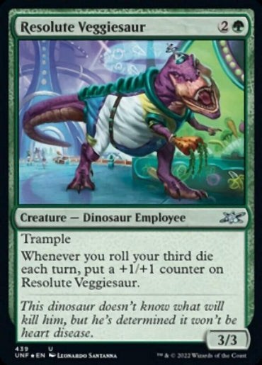 A card from Magic: The Gathering's Unfinity set featuring "Resolute Veggiesaur (Galaxy Foil) [Unfinity]." The green-bordered card shows a purple Dinosaur Employee in a white apron standing in a garden. Its abilities read: "Trample. Whenever you roll your third die each turn, put a +1/+1 counter on Resolute Veggiesaur (Galaxy Foil) [Unfinity].