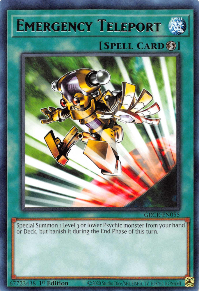 A Yu-Gi-Oh! Quick-Play Spell Card titled "Emergency Teleport [GRCR-EN055] Rare." The card features a robotic figure with a white and yellow body, extending mechanical limbs and blue, glowing eyes. The background is a swirl of green and white light, indicating teleportation to Special Summon a Psychic monster. Card ID: GRCR-EN055, 1st Edition.