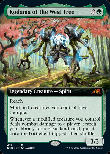 The image depicts a Magic: The Gathering card from Kamigawa: Neon Dynasty titled "Kodama of the West Tree (Extended Art) [Kamigawa: Neon Dynasty]." This Legendary Creature is a green spirit with a cost of 2G, 3 power, and 3 toughness. The forest scene showcases its reach ability and benefits for modified creatures, letting them trample and fetch lands on combat damage.