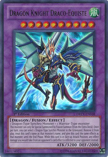 A Yu-Gi-Oh! trading card titled "Dragon Knight Draco-Equiste [DREV-EN038] Ultra Rare" showcases a Fusion/Effect Monster against a holographic teal background. The Ultra Rare card has an attack of 3200 and a defense of 2000. The purple border signifies it's from the Duelist Revolution set, numbered DREV-EN038.