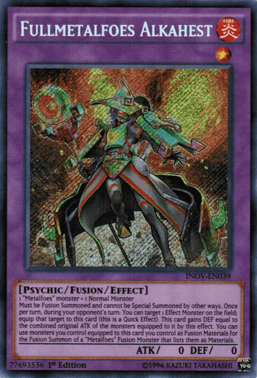 A Yu-Gi-Oh! card named "Fullmetalfoes Alkahest [INOV-EN039] Secret Rare" from the Invasion: Vengeance set. This Secret Rare Metalfoes Fusion Monster depicts a mechanical humanoid in green armor, wielding a staff with a blue gem, and standing in a mystical aura. The purple-bordered card features red attribute circles with stars and has 0 ATK and 0 DEF.