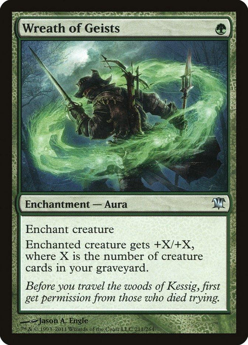 A Magic: The Gathering card from Innistrad named "Wreath of Geists [Innistrad]." It features a hooded figure wielding a glowing green staff surrounded by ethereal green spirits. This Enchantment - Aura card boosts a creature with +X/+X, where X is the number of creature cards in your graveyard. Artist: Jason A. Engle.