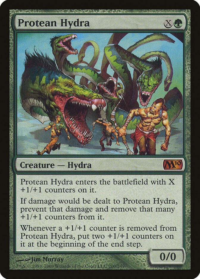 The Protean Hydra [Magic 2010] is a mythic card from Magic: The Gathering, illustrated by Jim Murray. This Creature — Hydra features green scales and several heads with sharp teeth. Known for its distinctive ability, it gains +1/+1 counters even though it starts with a power/toughness of 0/0.