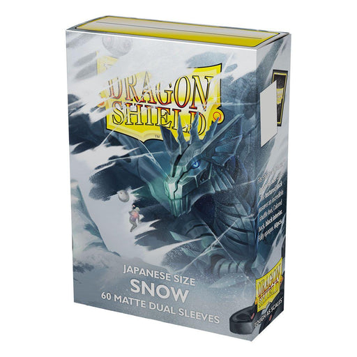 The image depicts a box of Dragon Shield: Japanese Size 60ct Sleeves - Snow (Dual Matte), featuring a "Snow" theme. The artwork showcases a fierce, icy dragon amidst a snowy landscape. The box contains 60 fully opaque sleeves, with Arcane Tinmen's logo and other product details prominently displayed.