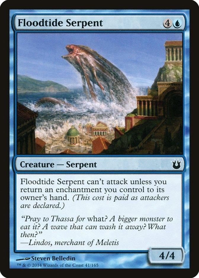 Introducing the amazing Magic: The Gathering card from Born of the Gods, "Floodtide Serpent." This powerful 4/4 serpent emerges majestically from crashing waves, towering over Greek-inspired coastal structures. Its presence is enchantment-like, highlighting its unique abilities and limitations.