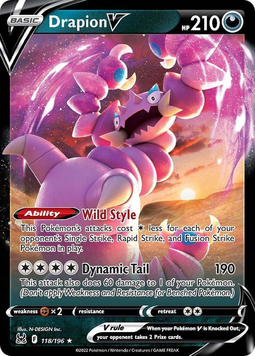 A Pokémon trading card depicts Drapion V (118/196) [Sword & Shield: Lost Origin] with 210 HP. Drapion, a large, purple, scorpion-like creature in an aggressive stance, is featured against a dark, swirling background. Its attacks include "Wild Style" and "Dynamic Tail." Labeled as "118/196," this Ultra Rare card from Pokémon includes various details.