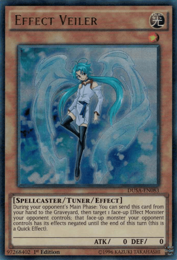 The "Yu-Gi-Oh!" trading card titled "Effect Veiler [DUSA-EN083] Ultra Rare" is a 1st edition Tuner/Effect Monster that showcases a spellcaster with blue hair and a white outfit, enveloped in glowing blue energy. This card, part of the Duelist Saga series, possesses an ATK of 0 and DEF of 0.