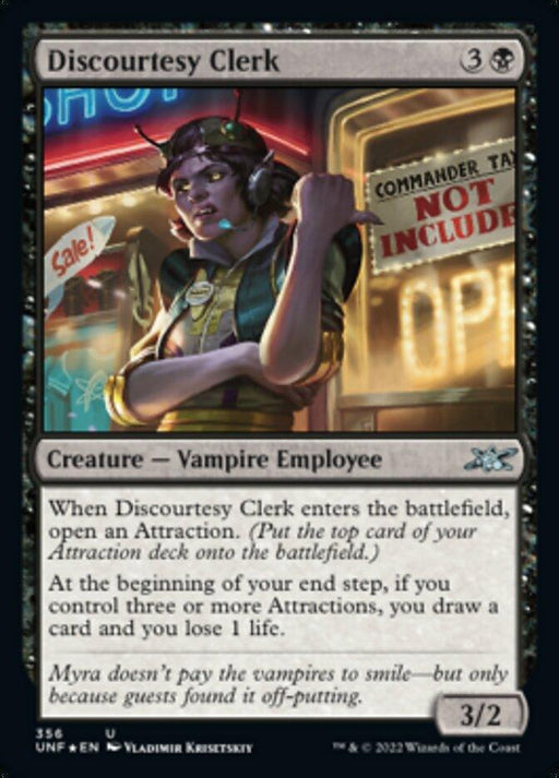 The image is a Magic: The Gathering card titled "Discourtesy Clerk (Galaxy Foil) [Unfinity]" from the Unfinity set. The card features a vampire employee standing at a counter, wearing a uniform with a hat and name badge, under a sign telling customers that something is not included. The card costs 3B to cast, with a power/toughness of 3/2.