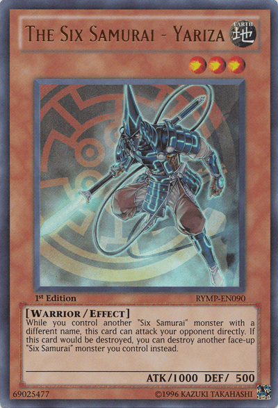 A Yu-Gi-Oh! trading card titled "The Six Samurai - Yariza [RYMP-EN090] Ultra Rare." This Effect Monster features a blue-armored warrior wielding a spear, set against a background with a Japanese-style emblem. The 1st Edition card from the Ra Yellow Mega Pack has an Earth attribute, with attack and defense stats of 1000 and 500, respectively.