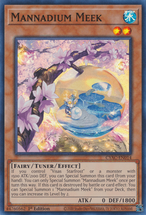 The image is of the Yu-Gi-Oh! card "Mannadium Meek [CYAC-EN014] Super Rare" from the Cyberstorm Access series. It features a fairy-like creature with translucent, glowing wings floating near a blooming tree with pink flowers. This Tuner/Effect Monster has 0 ATK and 1800 DEF, and its card text details its special summon conditions and effects.