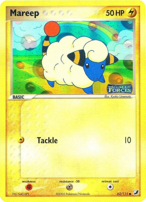 A Pokémon Mareep (62/115) (Stamped) [EX: Unseen Forces] trading card. Mareep is illustrated as a blue sheep with yellow and black striped ears and tail, fluffy white wool, and small legs. The card shows Mareep as a basic, electric type with 50 HP. It features the move "Tackle" dealing 10 damage. The background has a green field and blue sky.