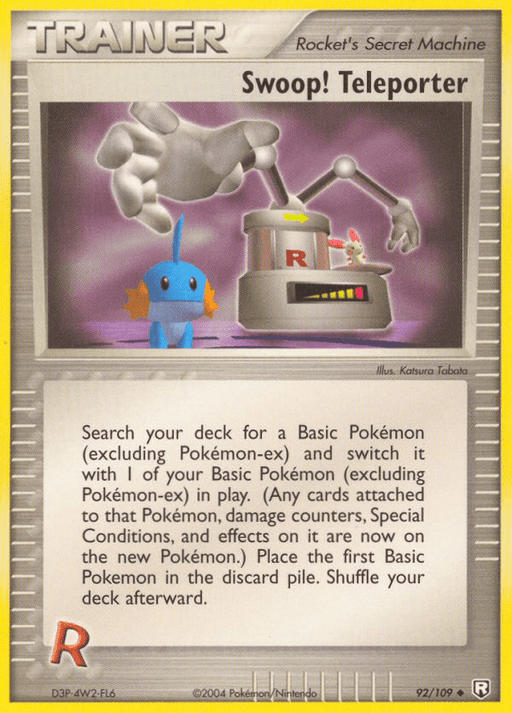 The image is an Pokémon trading card titled "Swoop! Teleporter (92/109) [EX: Team Rocket Returns]" from the EX: Team Rocket Returns series. The card shows a hand operating a teleportation device with a conveyor belt moving a Pokémon. The text details an ability to switch a Basic Pokémon in play with one from your deck, illustrated by Katsura Tabata.