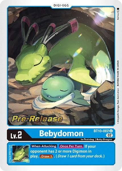 The image shows a Digimon card featuring Bebydomon [BT10-002] [Xros Encounter Pre-Release Cards], a green Baby Dragon-like Digi-Egg with a large leaf atop its head, lying asleep on its back next to an open eggshell. Text on the card includes 