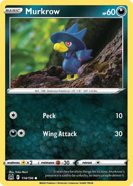 A Pokémon trading card featuring Murkrow (114/196) [Sword & Shield: Lost Origin]. This Darkness Type, common rarity card showcases Murkrow, a black crow-like Pokémon with a yellow beak, feet, and a witch-like hat. It has two attack moves: Peck (10 damage) and Wing Attack (30 damage), along with stats like HP 60 and details on weaknesses and resistances.