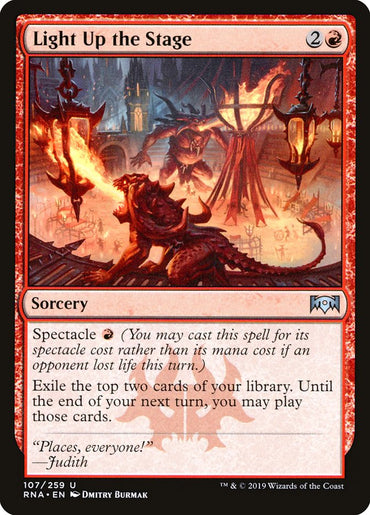 The Magic: The Gathering card "Light Up the Stage" from Ravnica Allegiance depicts goblins performing in a fiery scene, evoking a lively and bustling energy. This Sorcery lets you exile cards from your library amidst the backdrop of vibrant menace.