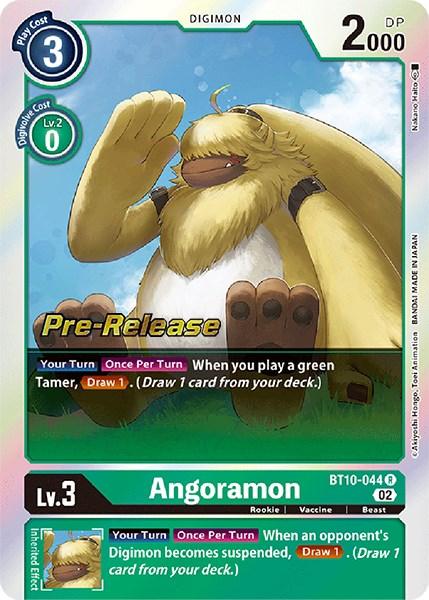 The pre-release card "Angoramon [BT10-044] [Xros Encounter Pre-Release Cards]" features Digimon "Angoramon," a fluffy, long-haired creature with wide paws and a small horn on its head. The card details include its level (Lv. 3), type (Rookie, Vaccine, Beast), and stats (play cost 3, DP 2000). Abilities are described as drawing a card during specific conditions.