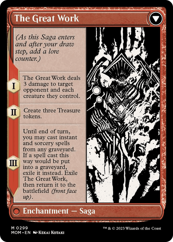 A Magic: The Gathering card titled "Urabrask // The Great Work (Showcase Planar Booster Fun) [March of the Machine]" with three saga phases: I - deals 3 damage to all opponents and creatures they control; II - creates three Treasure tokens; III - lets you cast instant/sorcery spells from any graveyard until end of turn, then exile them if they would be put into a graveyard. Inspired by the epic power of Urabrask, Magic: The Gathering.