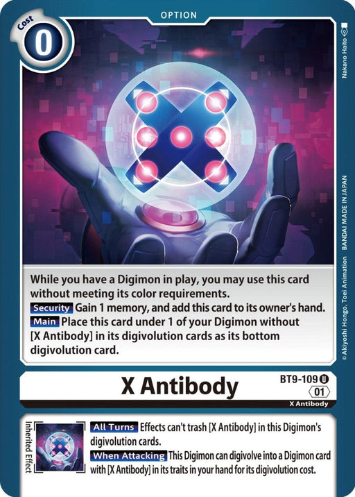 An X Antibody card from the Digimon Card Game, identified as X Antibody [BT9-109] [X Record], categorized under "Option." It features a glowing X symbol in the center amidst dark areas and technical patterns. Text on the card includes gameplay mechanics, costs, and effects.