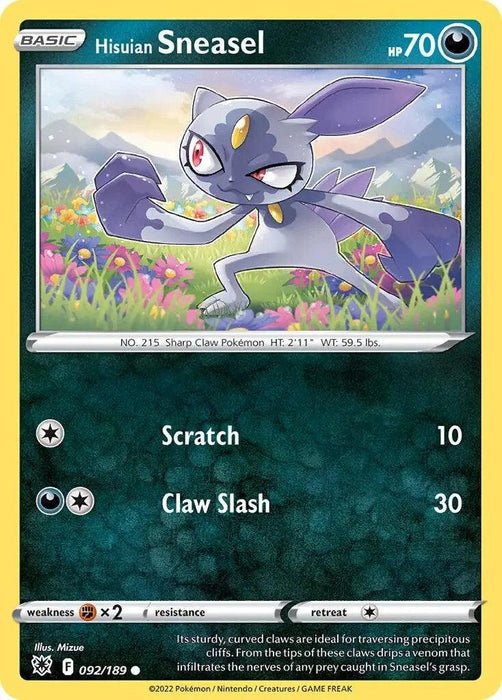 A Pokémon trading card featuring Hisuian Sneasel (092/189) (Theme Deck Exclusive) [Sword & Shield: Astral Radiance] from the Pokémon Astral Radiance set. It has 70 HP and is categorized as the Sharp Claw Pokémon. The card displays abilities Scratch with 10 damage and Claw Slash with 30 damage. Hisuian Sneasel, depicted with sharp claws and a fierce expression, prowls a mountainous terrain in darkness.