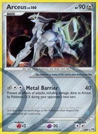 A Pokémon trading card featuring Arceus, a Level 100, Basic-type Pokémon with 90 HP. It showcases Arceus in a silver and white color scheme. Listed as a Holo Rare from the 