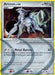 A Pokémon trading card featuring Arceus, a Level 100, Basic-type Pokémon with 90 HP. It showcases Arceus in a silver and white color scheme. Listed as a Holo Rare from the "Platinum: Arceus" series, the card details its "Metal Barrier" attack with an energy cost of 40 and includes dynamic illustrations of Arceus in action. The product is named Arceus (AR9) [Platinum: Arceus] by Pokémon.