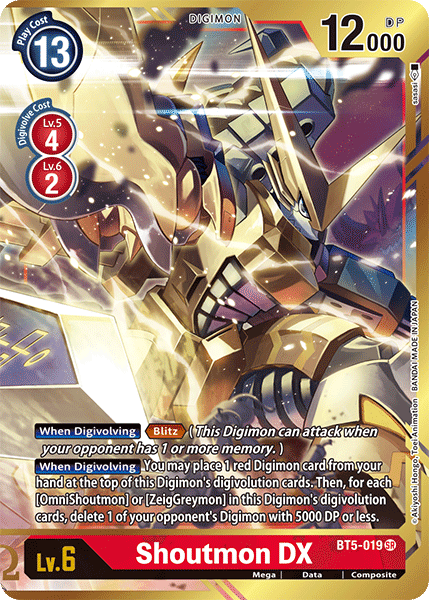 The Shoutmon DX [BT5-019] (Alternate Art) Digimon card from the Battle of Omni series features striking gold and purple designs, showcasing a formidable robotic creature armed with a massive sword. With a play cost of 13, 12,000 DP, and at level 6, it offers the 