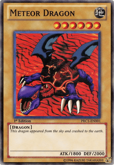 A Yu-Gi-Oh! trading card titled "Meteor Dragon [PRC1-EN001] Super Rare." It features an image of a fierce dragon with purple claws, dark blue wings, and a red, rock-like body. The background is a fiery red with a swirling pattern. As a Super Rare Normal Monster from the Premium Collection Tin, its text reads: "This dragon appeared from the sky and crashed to the earth.
