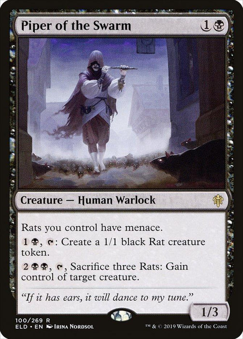 A Magic: The Gathering card named "Piper of the Swarm (100/269) [Throne of Eldraine]" from Magic: The Gathering features artwork of a hooded Human Warlock playing a pipe, leading numerous rats. The card has various abilities related to creating and controlling black Rat creature tokens. Text reads: "If it has ears, it will dance to my tune." It costs 1B and is 1/3.