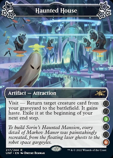 An image of a Magic: The Gathering card titled "Haunted House (3-6) [Unfinity]". This Artifact — Attraction from Unfinity features artwork of a ghostly house in blues and purples with floating ghosts. The card text includes a "Visit" ability to return target creature from the graveyard temporarily.